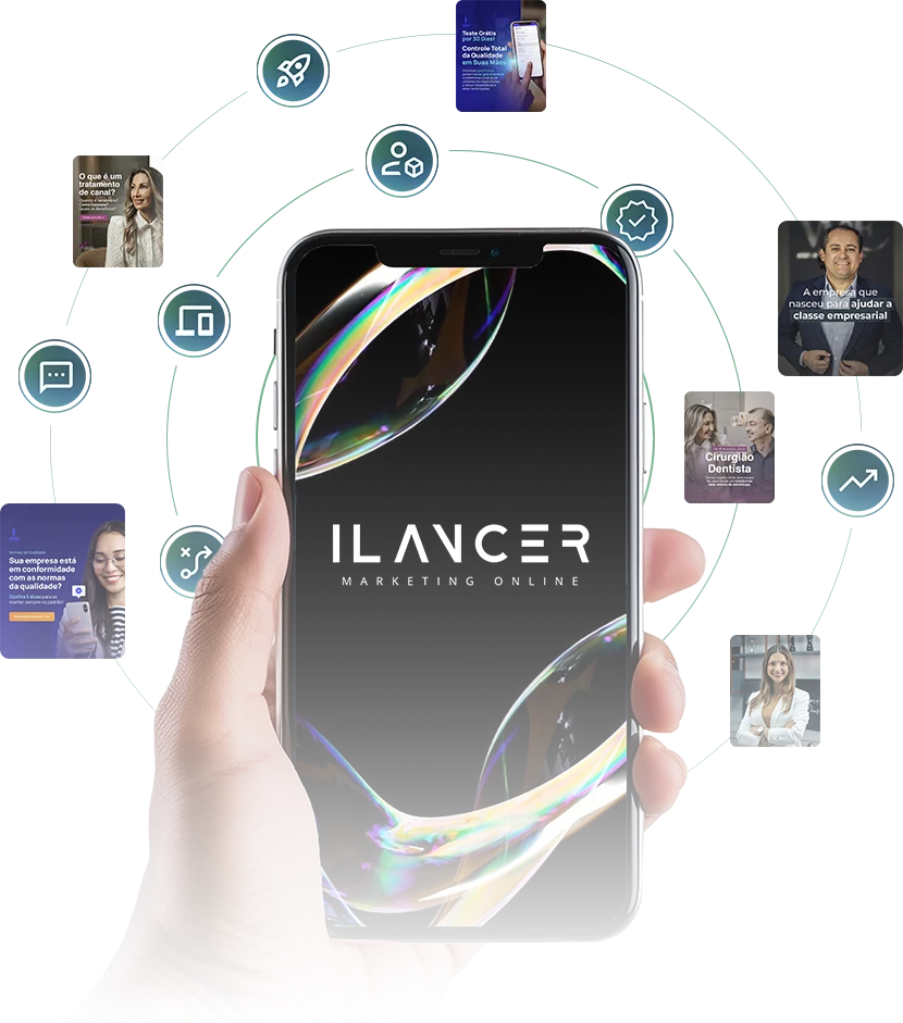 Ecossistema de marketing digital da ILANCER exibido em um smartphone